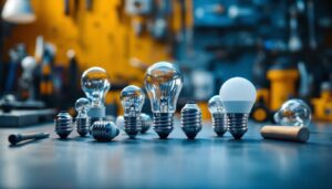 A photograph of a close-up shot of various light bulb bases arranged on a workbench