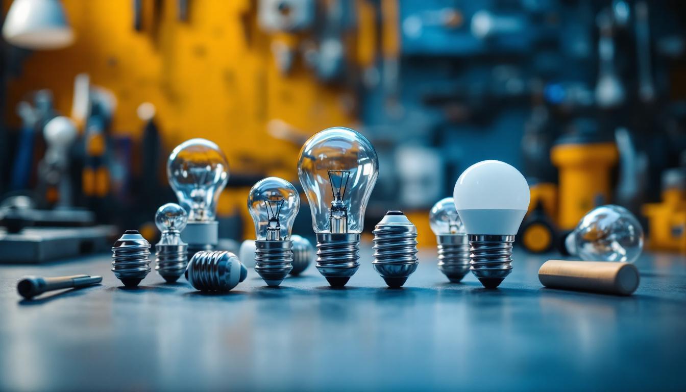 A photograph of a close-up shot of various light bulb bases arranged on a workbench