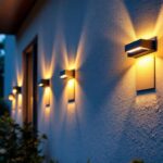 A photograph of a well-lit outdoor space showcasing various solar wall-mounted lights installed on a home or garden wall