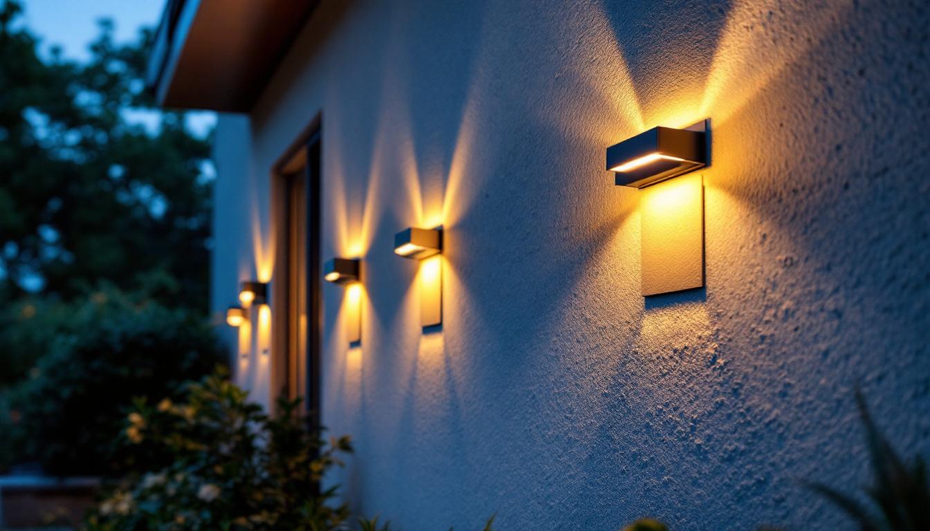 A photograph of a well-lit outdoor space showcasing various solar wall-mounted lights installed on a home or garden wall