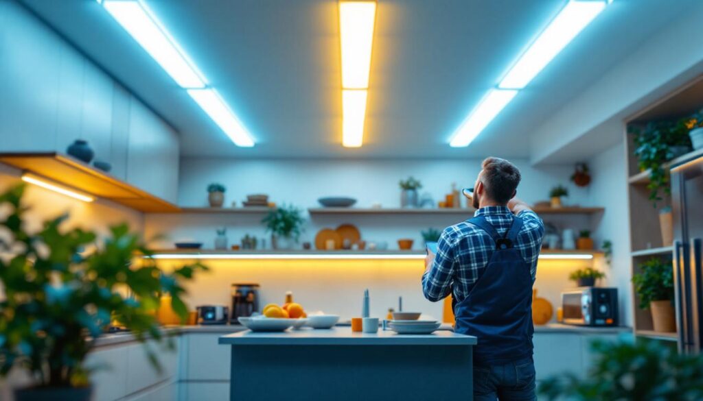 A photograph of a modern kitchen featuring sleek fluorescent light fixtures that illuminate the space
