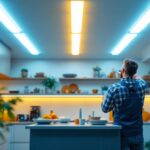 A photograph of a modern kitchen featuring sleek fluorescent light fixtures that illuminate the space