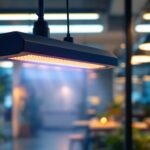 A photograph of a modern lighting installation in a well-lit space