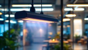 A photograph of a modern lighting installation in a well-lit space