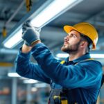 A photograph of a skilled lighting contractor replacing a fluorescent light fixture in a commercial setting