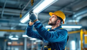 A photograph of a skilled lighting contractor replacing a fluorescent light fixture in a commercial setting