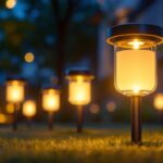 A photograph of a beautifully illuminated outdoor space featuring unique solar lights