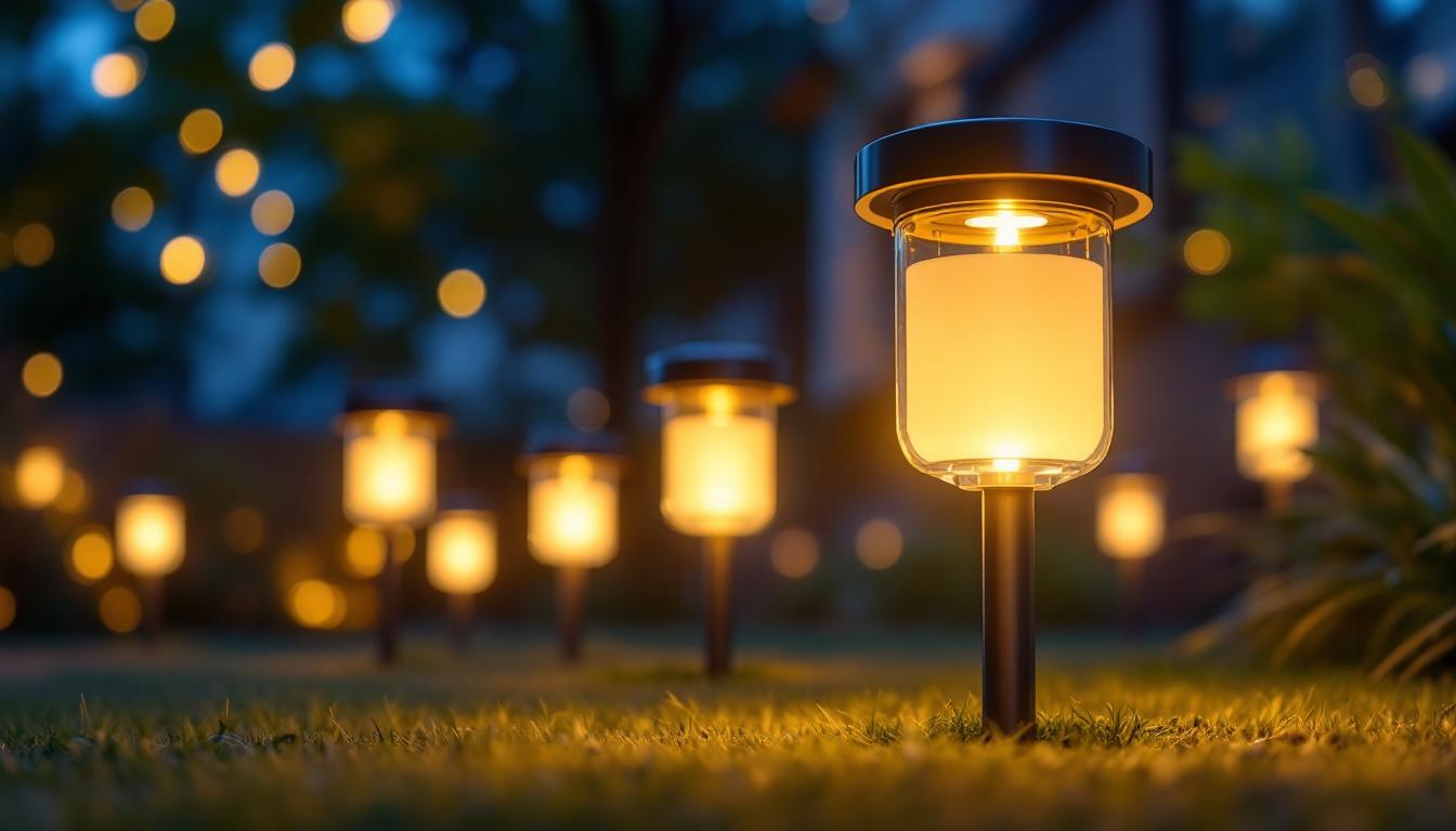 A photograph of a beautifully illuminated outdoor space featuring unique solar lights