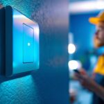 A photograph of a close-up of a modern light switch featuring led technology