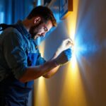 A photograph of a skilled lighting contractor expertly installing hardwired led strip lights in a stylish interior setting