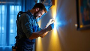 A photograph of a skilled lighting contractor expertly installing hardwired led strip lights in a stylish interior setting