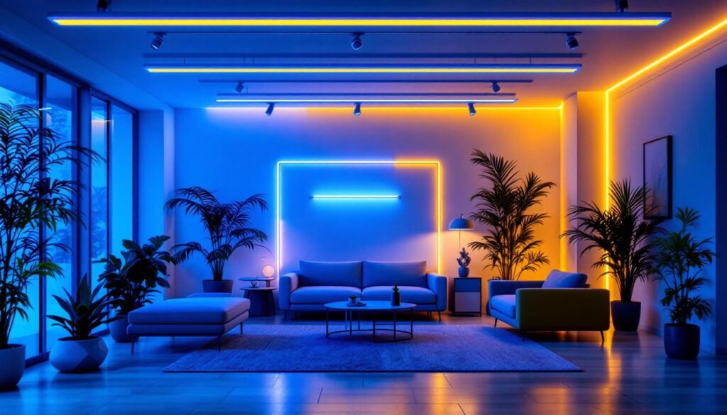 A photograph of a modern interior space illuminated by vibrant led lights