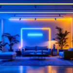 A photograph of a modern interior space illuminated by vibrant led lights