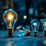 A photograph of a vintage light bulb alongside modern led bulbs