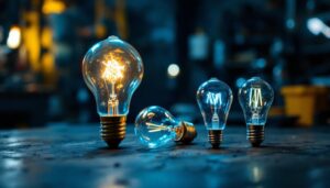 A photograph of a vintage light bulb alongside modern led bulbs
