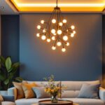 A photograph of a stylish chandelier installed in a modern living space