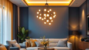 A photograph of a stylish chandelier installed in a modern living space