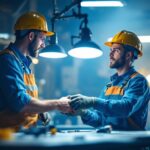 A photograph of a lighting contractor skillfully linking multiple led shop lights in a well-lit workshop environment