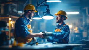 A photograph of a lighting contractor skillfully linking multiple led shop lights in a well-lit workshop environment
