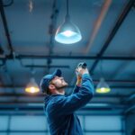 A photograph of a well-lit garage featuring stylish ceiling lights