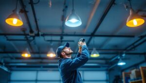 A photograph of a well-lit garage featuring stylish ceiling lights