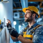 A photograph of a lighting contractor in the midst of installing a smart lightswitch