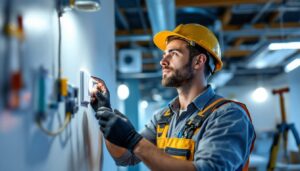 A photograph of a lighting contractor in the midst of installing a smart lightswitch