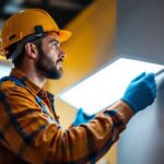 A photograph of a lighting contractor installing sleek