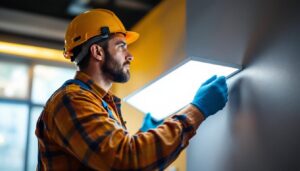 A photograph of a lighting contractor installing sleek