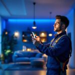 A photograph of a skilled contractor installing smart lighting in a modern home setting