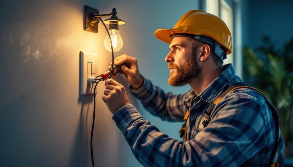 A photograph of a lighting contractor expertly installing a 3-way double switch in a well-lit room