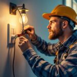 A photograph of a lighting contractor expertly installing a 3-way double switch in a well-lit room