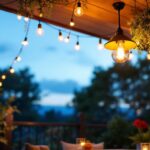 A photograph of a beautifully designed outdoor ceiling light fixture illuminating a cozy patio space at dusk