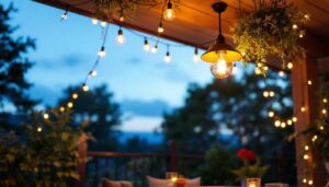 A photograph of a beautifully designed outdoor ceiling light fixture illuminating a cozy patio space at dusk