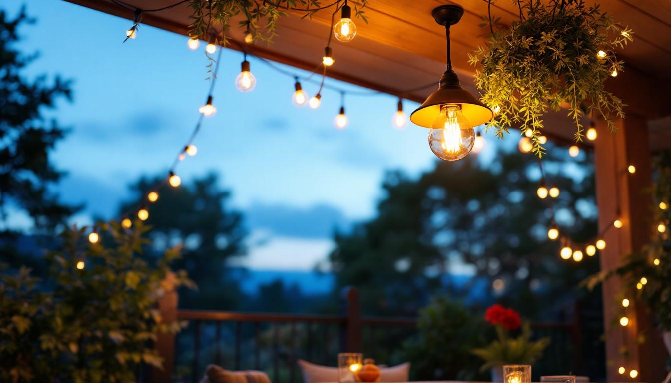 A photograph of a beautifully designed outdoor ceiling light fixture illuminating a cozy patio space at dusk
