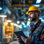 A photograph of a lighting contractor inspecting a brightly lit commercial space with various types of hazardous lighting fixtures