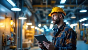 A photograph of a lighting contractor inspecting a brightly lit commercial space with various types of hazardous lighting fixtures