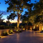 A photograph of a beautifully lit outdoor space featuring motion-sensing lights in action