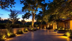 A photograph of a beautifully lit outdoor space featuring motion-sensing lights in action