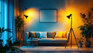 A photograph of a stylishly arranged temporary light socket setup in a modern home environment