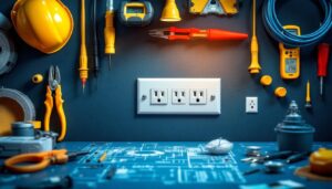 A photograph of a well-organized electrical workspace featuring a quad electrical outlet prominently displayed