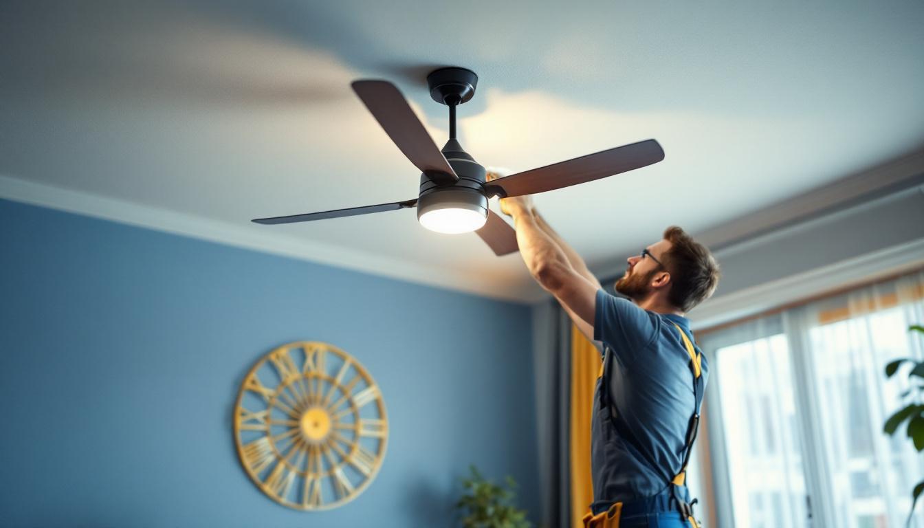 A photograph of a lighting contractor efficiently installing a stylish ceiling fan in a well-lit