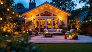 A photograph of a beautifully lit patio adorned with outdoor twinkle lights