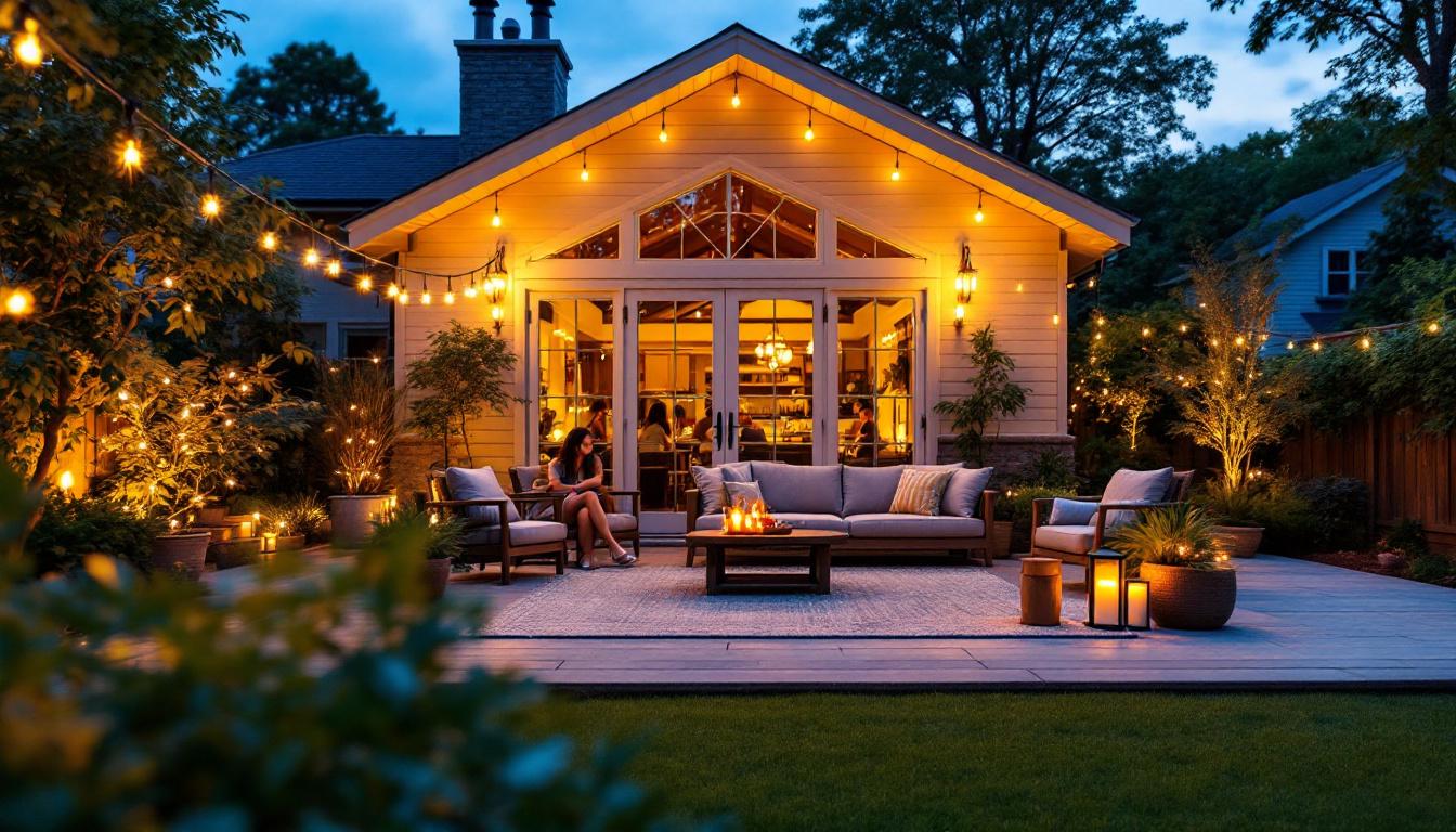A photograph of a beautifully lit patio adorned with outdoor twinkle lights