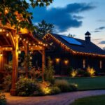A photograph of a beautifully lit outdoor barn scene at dusk