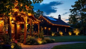 A photograph of a beautifully lit outdoor barn scene at dusk