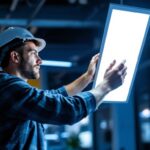 A photograph of a lighting contractor installing or adjusting a panel led backlight in a modern workspace
