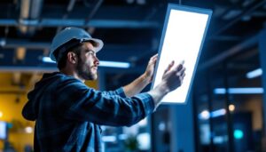 A photograph of a lighting contractor installing or adjusting a panel led backlight in a modern workspace