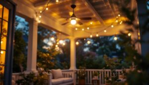A photograph of a beautifully designed outdoor ceiling porch light installed in a cozy