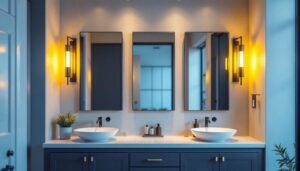 A photograph of a stylish bathroom vanity featuring an elegant 8-light vanity fixture